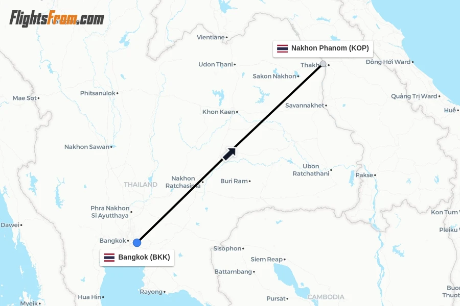 Flights from Bangkok to Nakhon Phanom route map