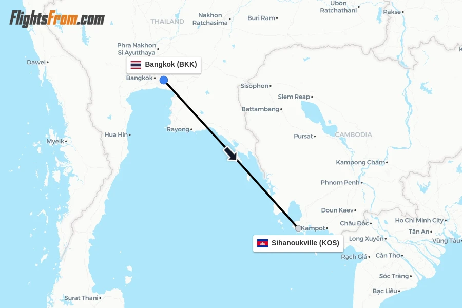 Flights from Bangkok to Sihanoukville route map