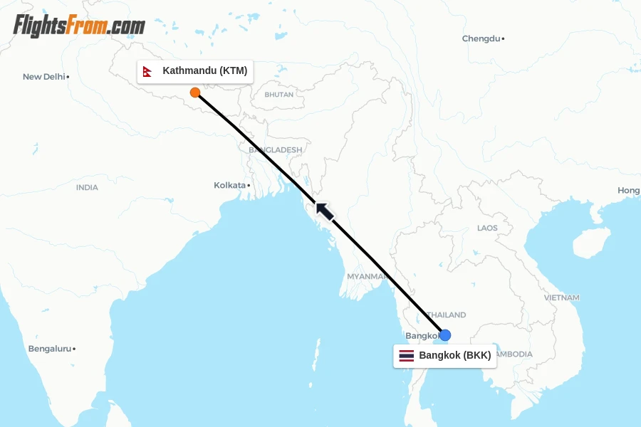 Flights from Bangkok to Kathmandu route map