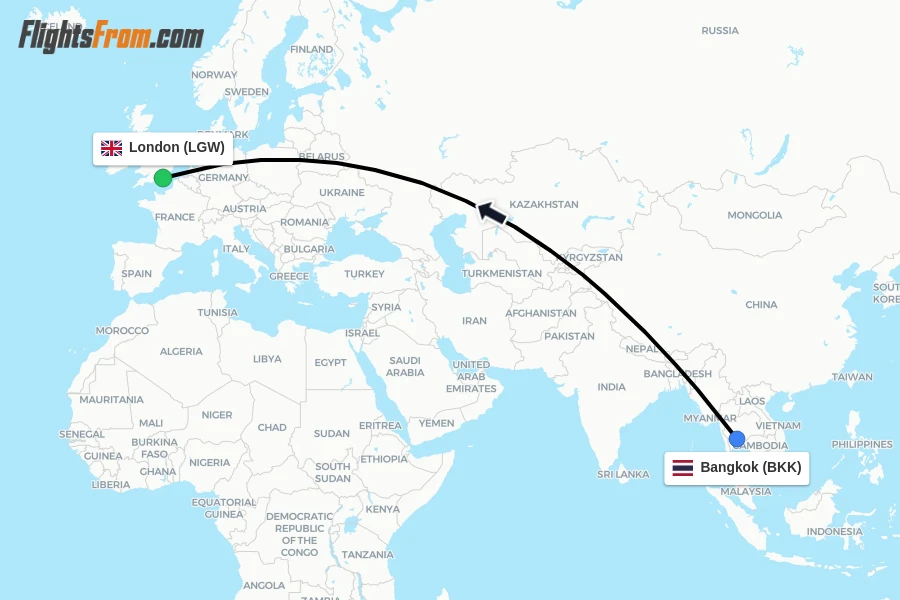 Flights from Bangkok to London route map