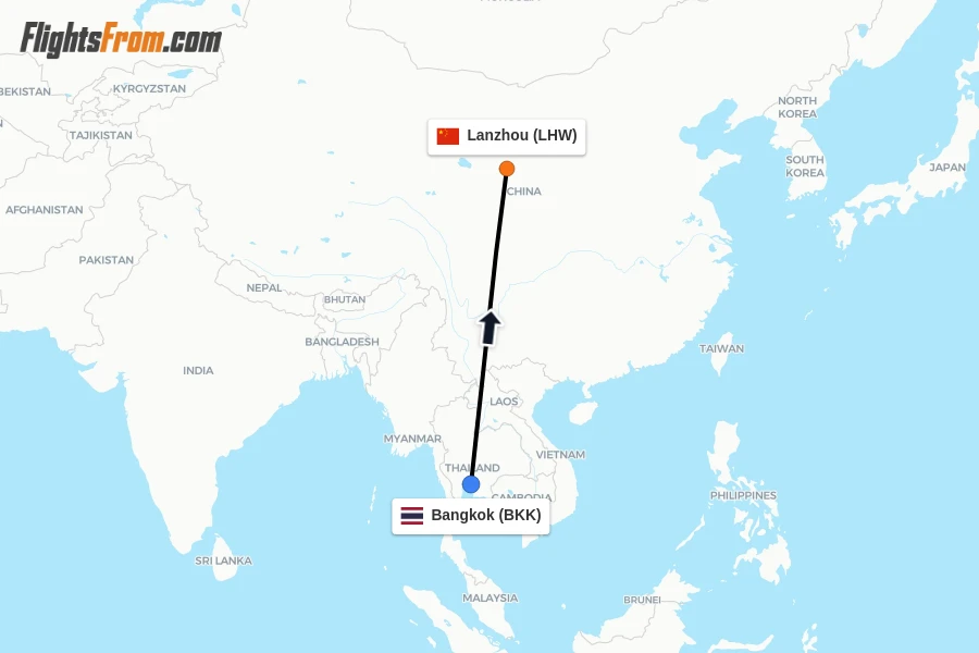 Flights from Bangkok to Lanzhou route map