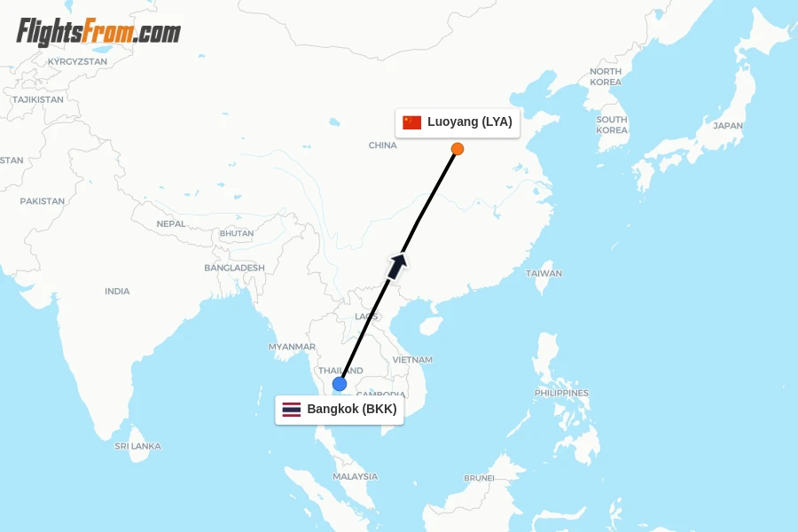 Flights from Bangkok to Luoyang route map