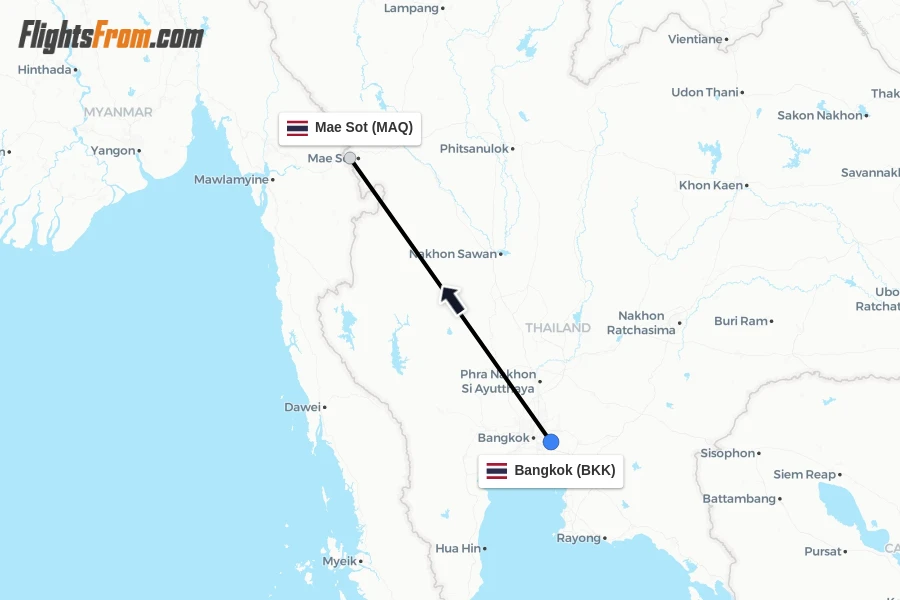 Flights from Bangkok to Mae Sot route map