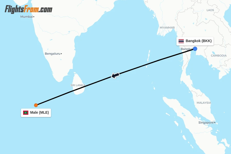 Flights from Bangkok to Male route map