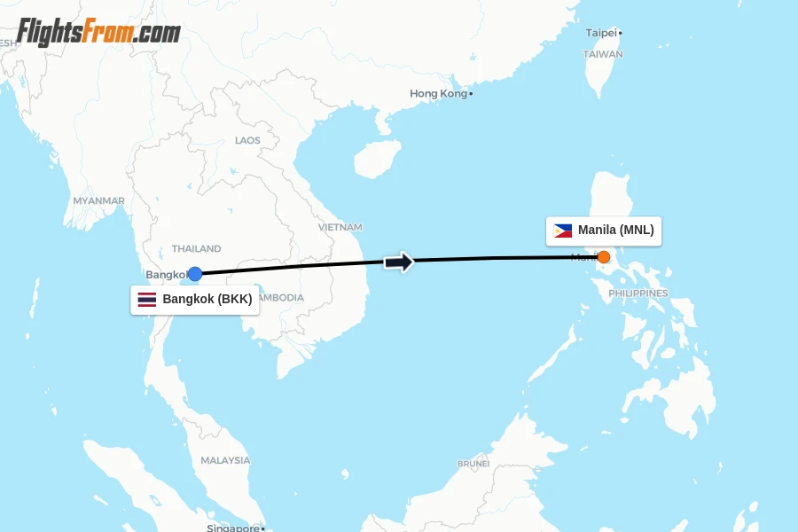 Flights from Bangkok to Manila route map