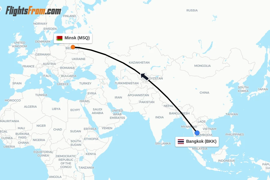Flights from Bangkok to Minsk route map