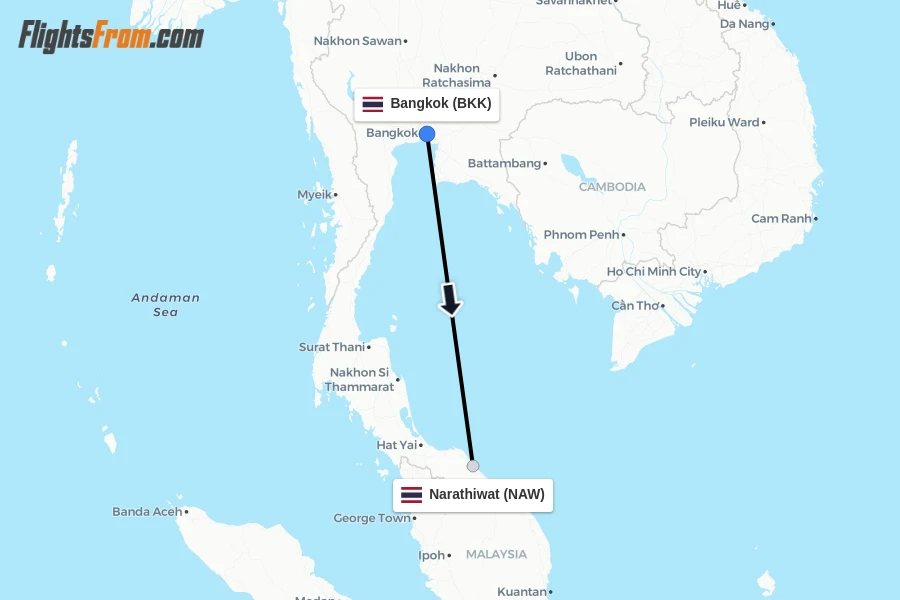 Flights from Bangkok to Narathiwat route map