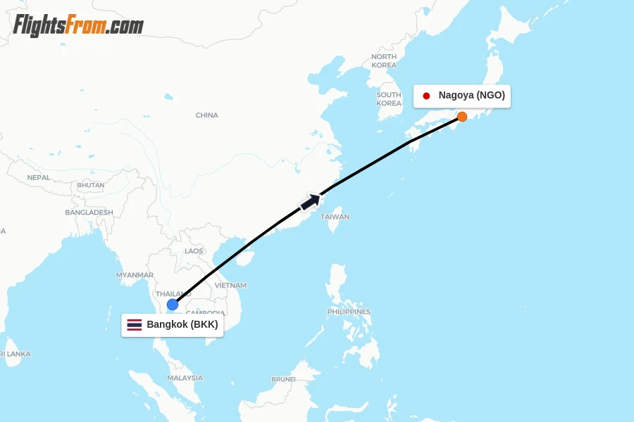 Flights from Bangkok to Nagoya route map