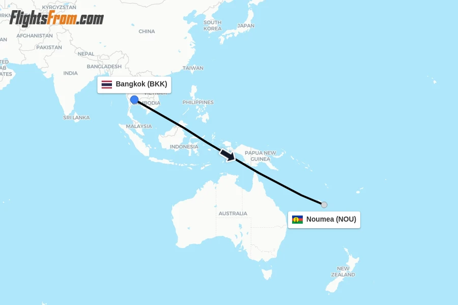 Flights from Bangkok to Noumea route map