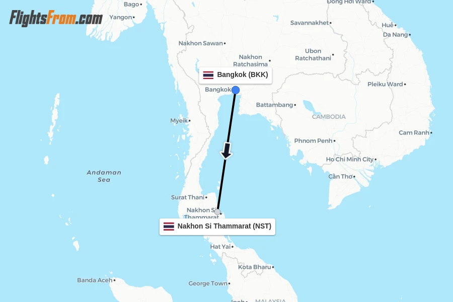 Flights from Bangkok to Nakhon Si Thammarat route map
