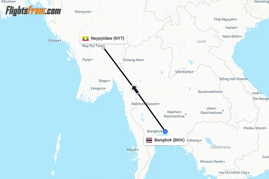 Flights from Bangkok to Naypyidaw route map