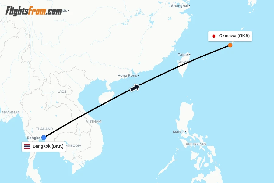 Flights from Bangkok to Okinawa route map