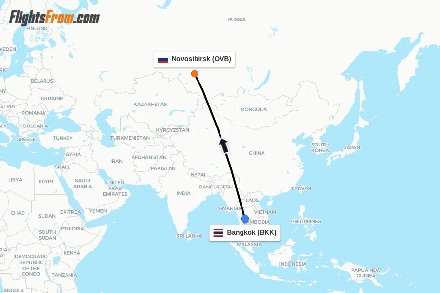 Flights from Bangkok to Novosibirsk route map