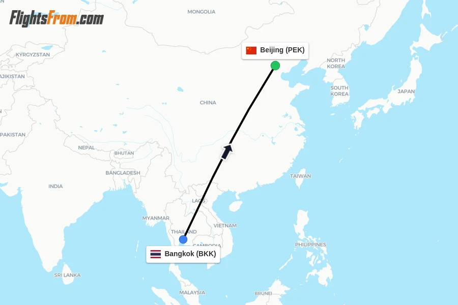 Flights from Bangkok to Beijing route map