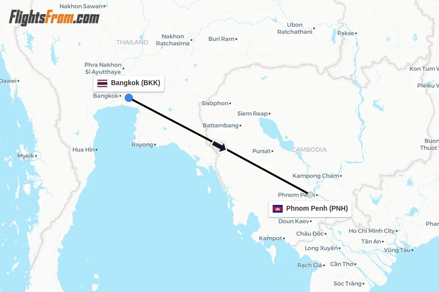 Flights from Bangkok to Phnom Penh route map