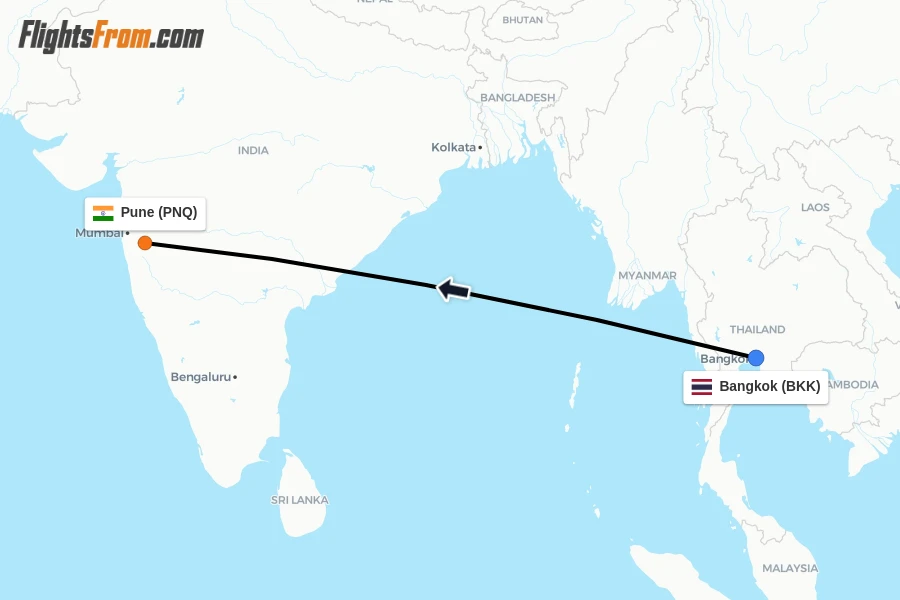 Flights from Bangkok to Pune route map