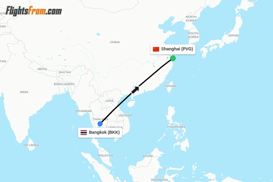 Flights from Bangkok to Shanghai route map