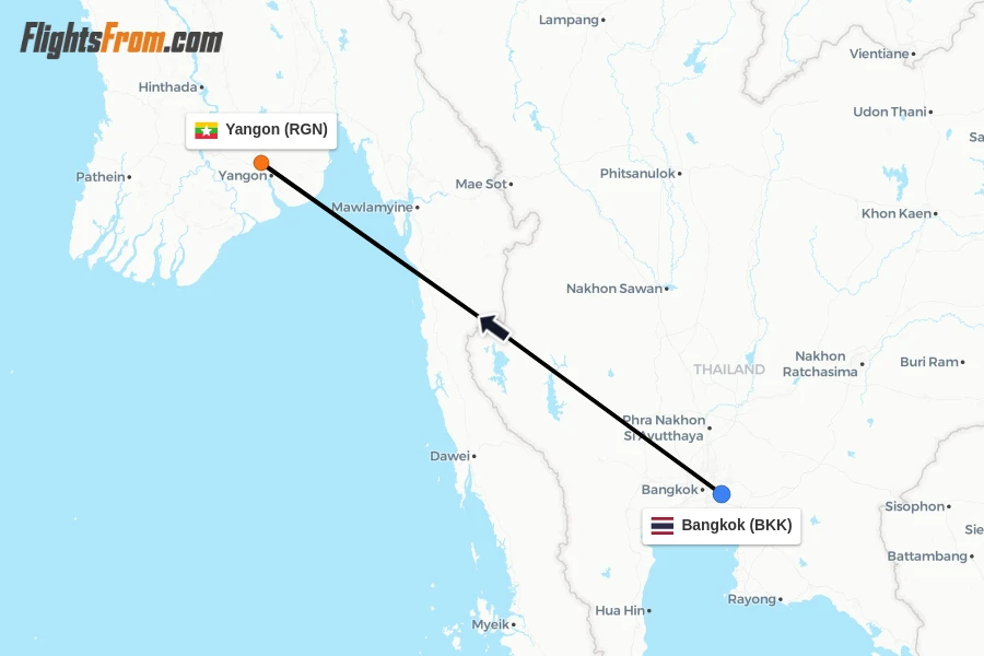 Flights from Bangkok to Yangon route map