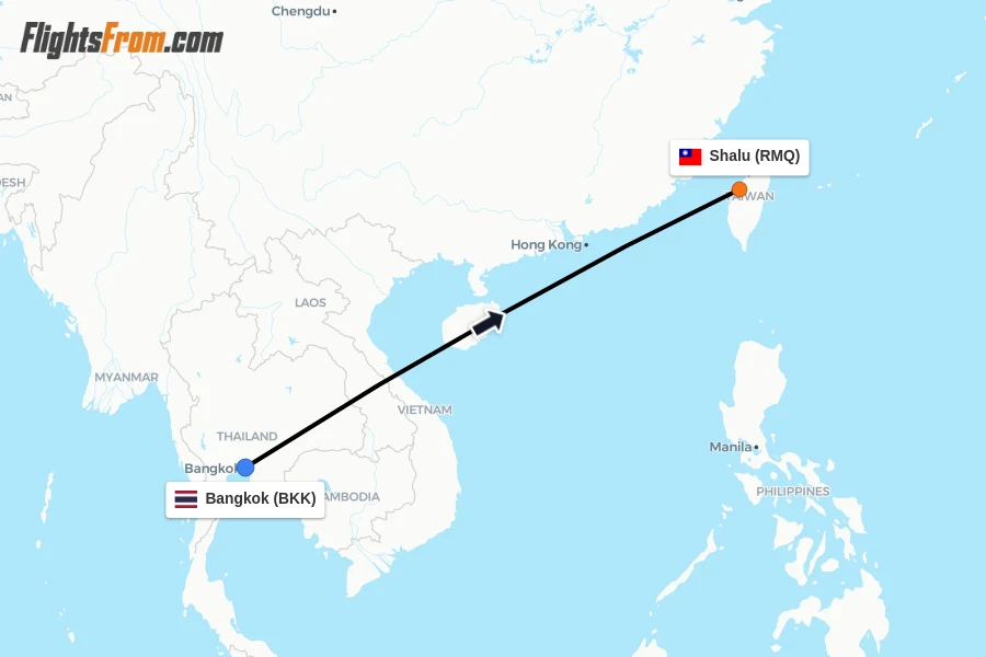 Flights from Bangkok to Shalu route map