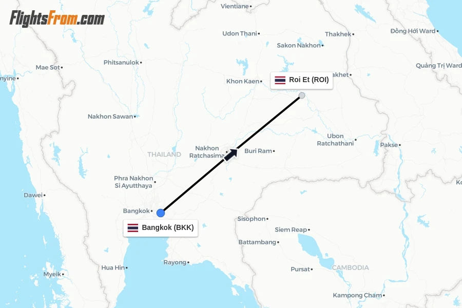 Flights from Bangkok to Roi Et route map