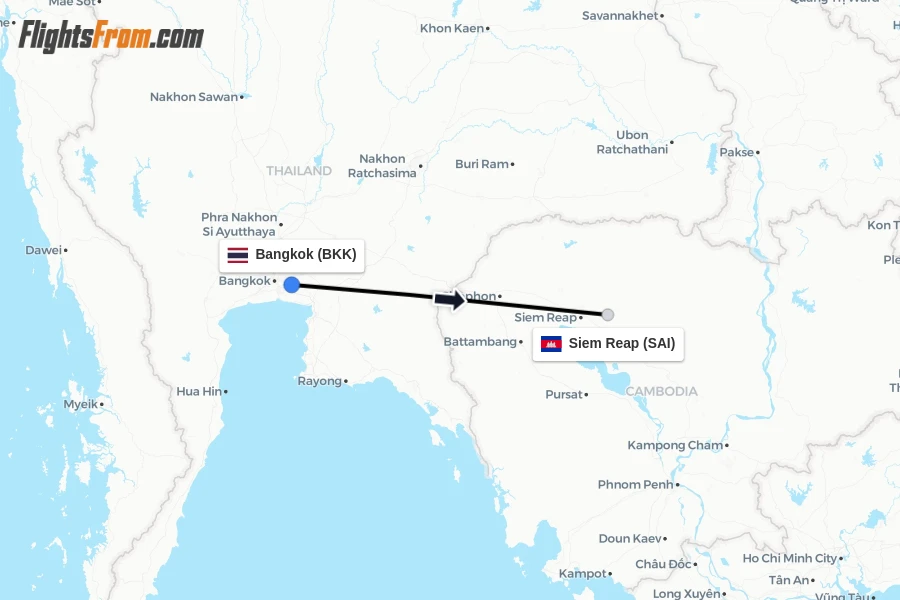 Flights from Bangkok to Siem Reap route map