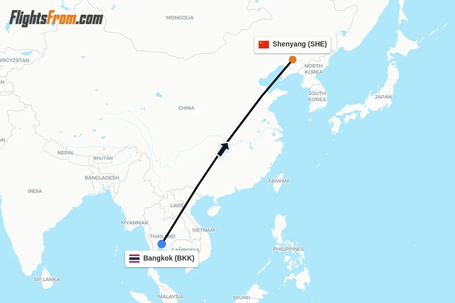 Flights from Bangkok to Shenyang route map