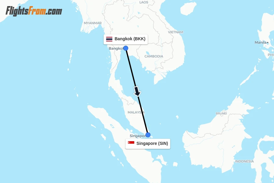 Flights from Bangkok to Singapore route map