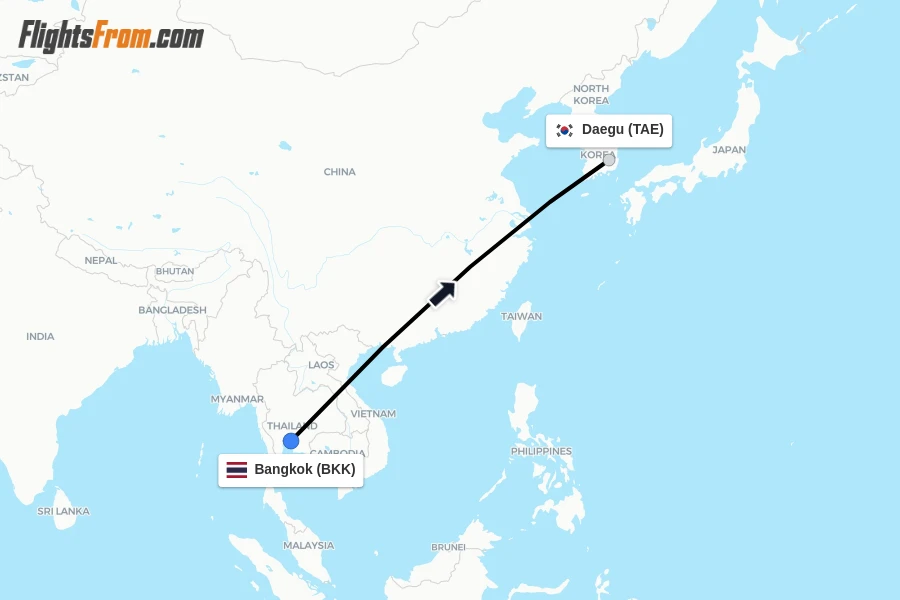 Flights from Bangkok to Daegu route map