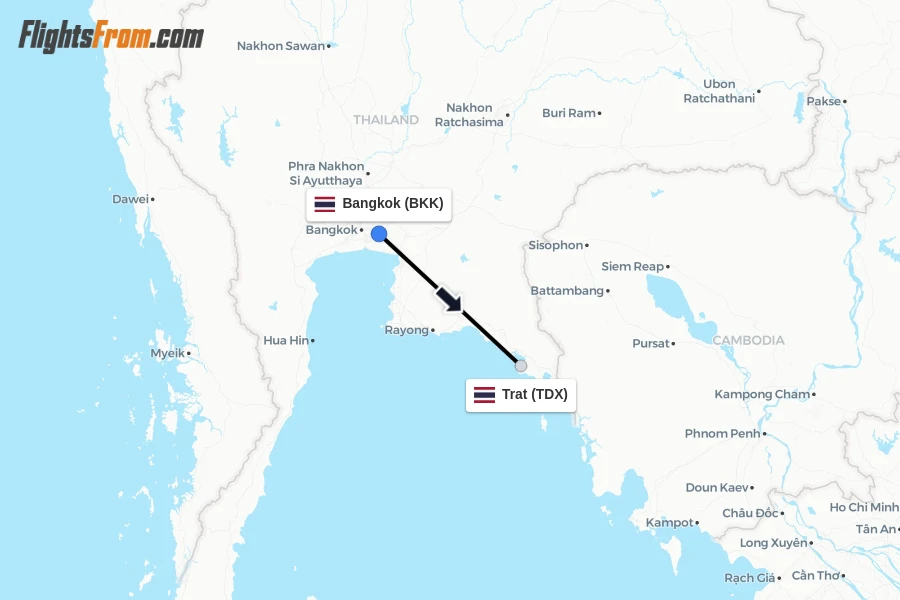 Flights from Bangkok to Trat route map