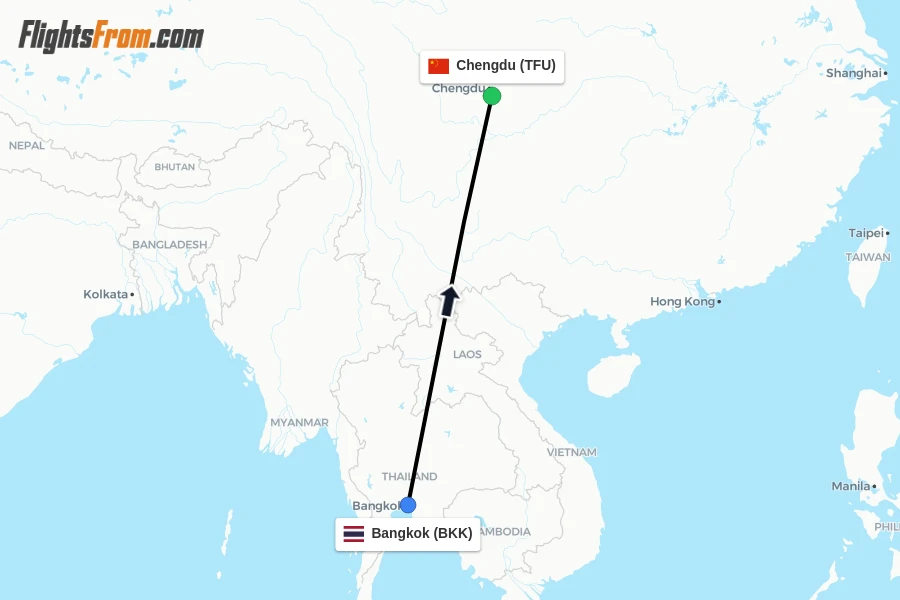 Flights from Bangkok to Chengdu route map