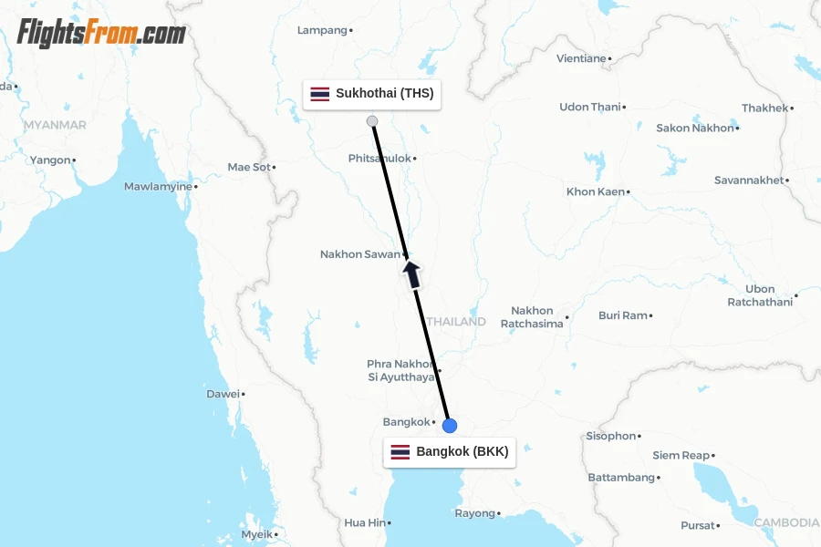 Flights from Bangkok to Sukhothai route map