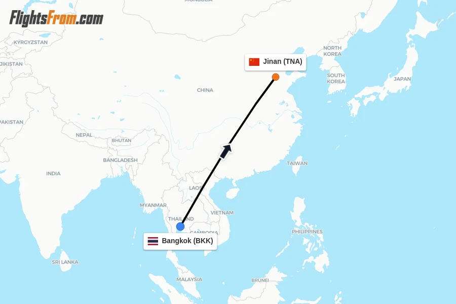 Flights from Bangkok to Jinan route map