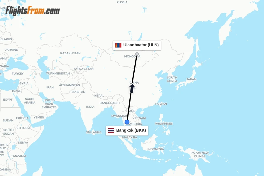 Flights from Bangkok to Ulaanbaatar route map