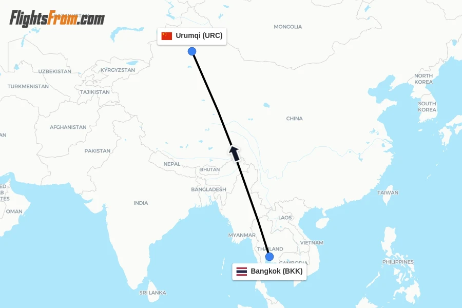 Flights from Bangkok to Urumqi route map