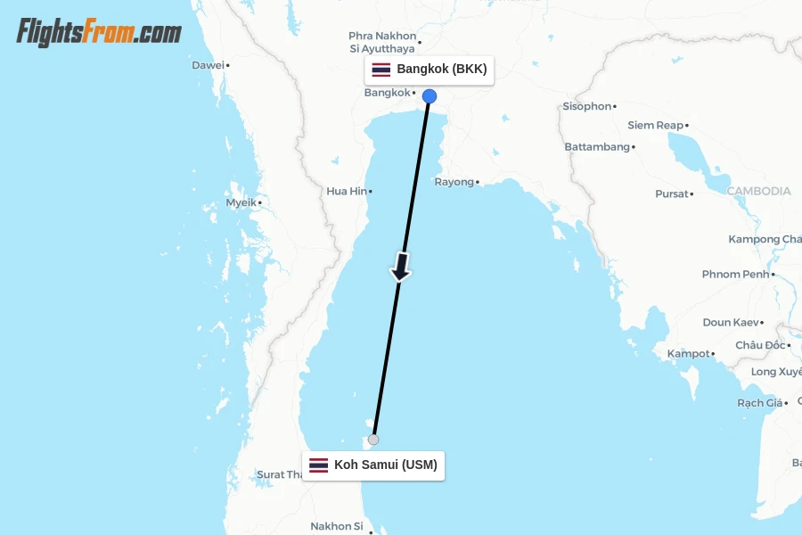 Flights from Bangkok to Koh Samui route map