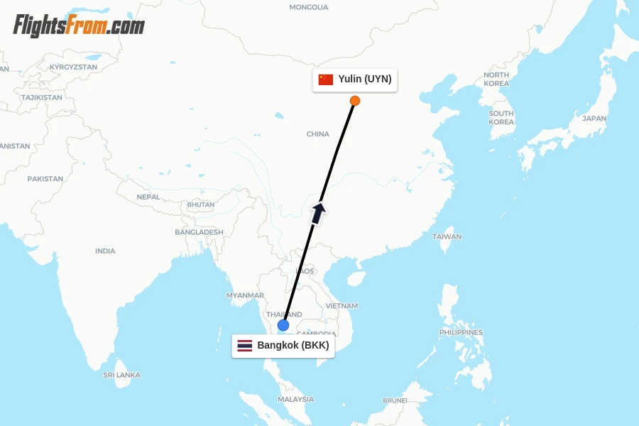 Flights from Bangkok to Yulin route map