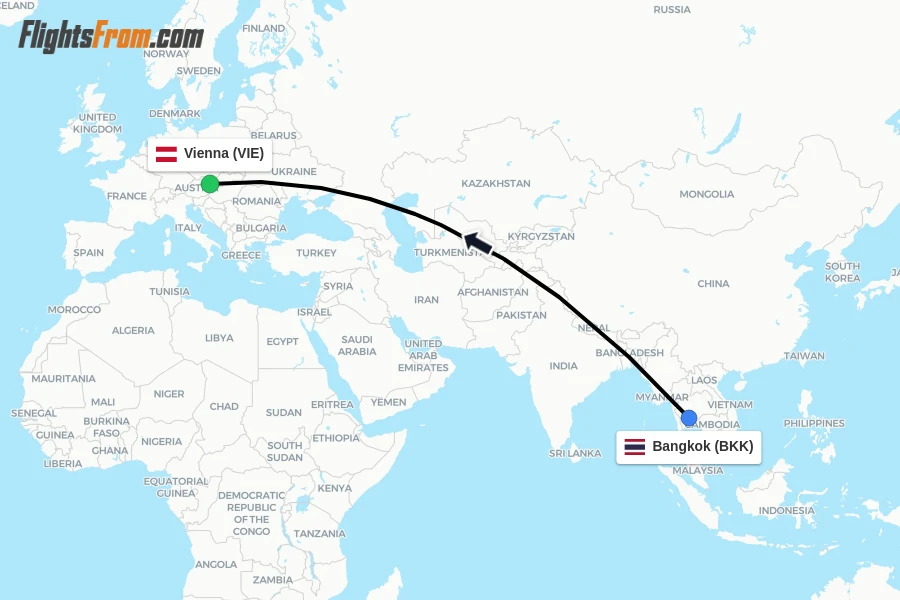 Flights from Bangkok to Vienna route map