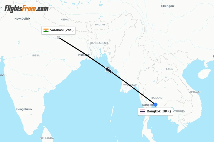 Flights from Bangkok to Varanasi route map