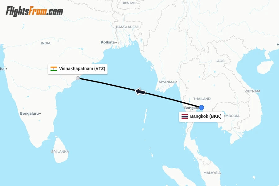 Flights from Bangkok to Vishakhapatnam route map