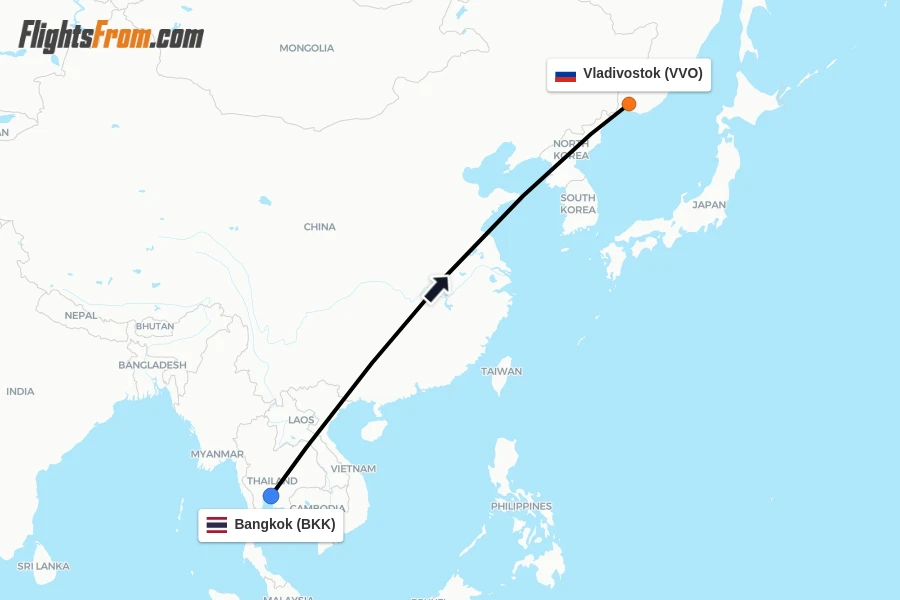 Flights from Bangkok to Vladivostok route map