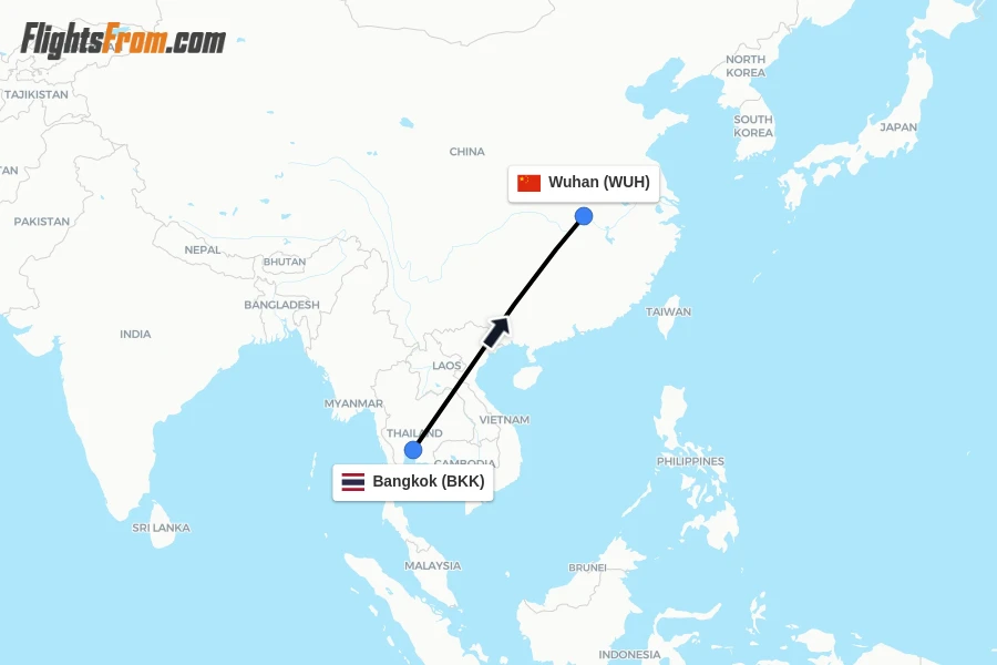 Flights from Bangkok to Wuhan route map