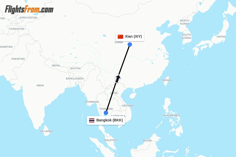 Flights from Bangkok to Xian route map