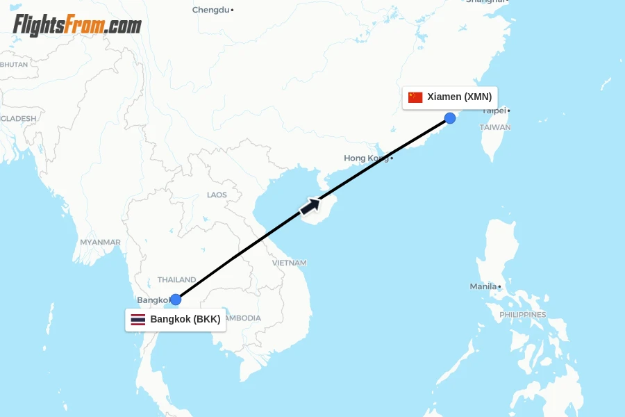 Flights from Bangkok to Xiamen route map