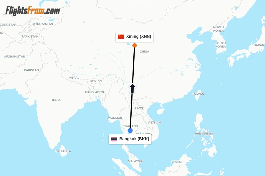 Flights from Bangkok to Xining route map