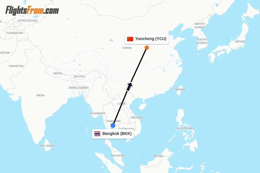 Flights from Bangkok to Yuncheng route map