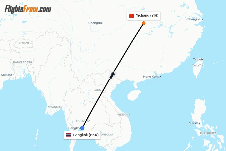 Flights from Bangkok to Yichang route map