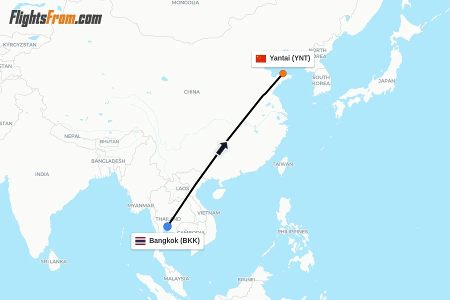 Flights from Bangkok to Yantai route map