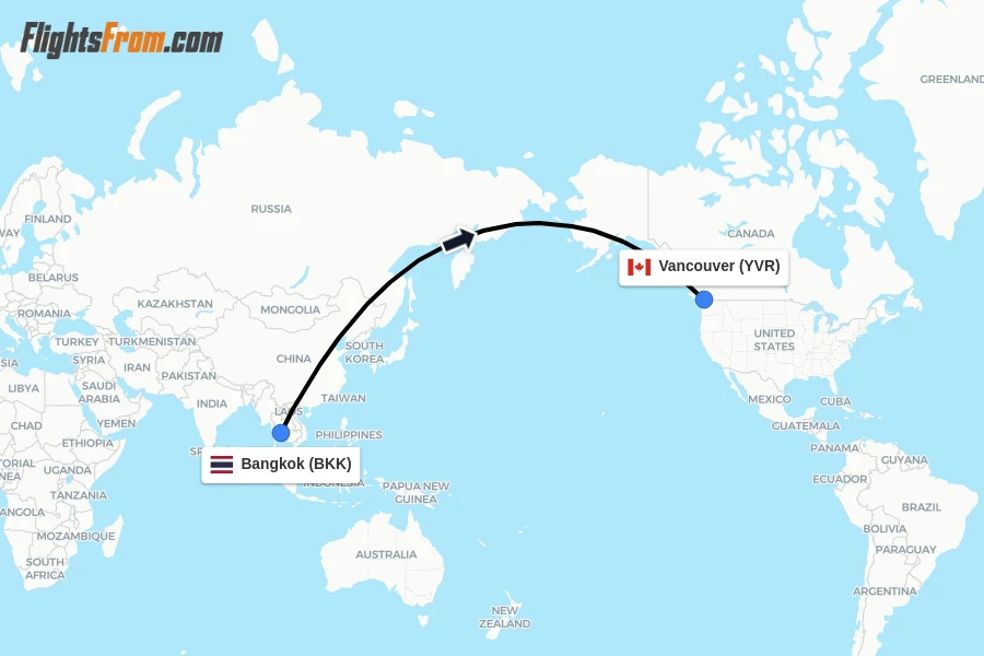 Flights from Bangkok to Vancouver route map