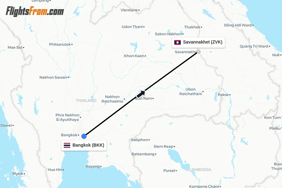 Flights from Bangkok to Savannakhet route map