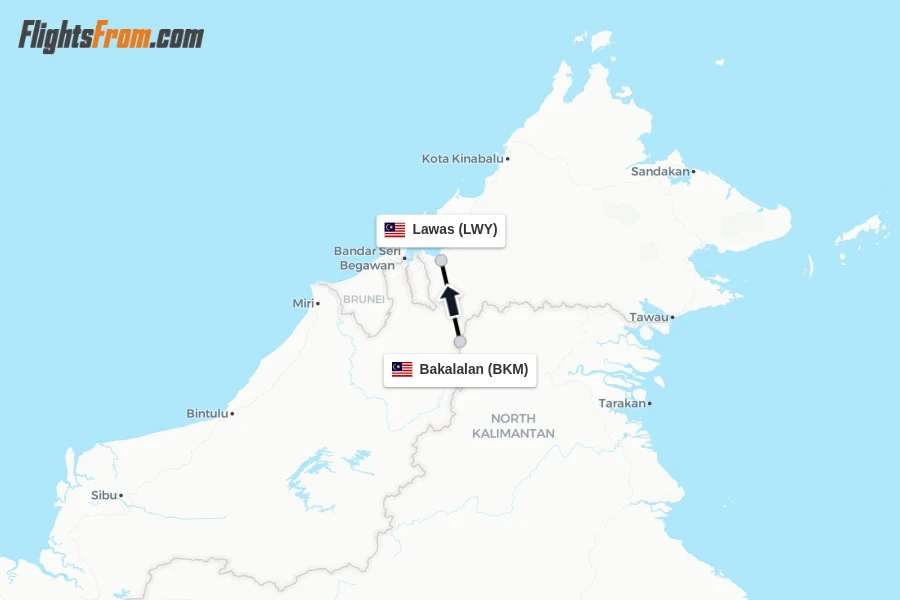Flights from Bakalalan to Lawas route map